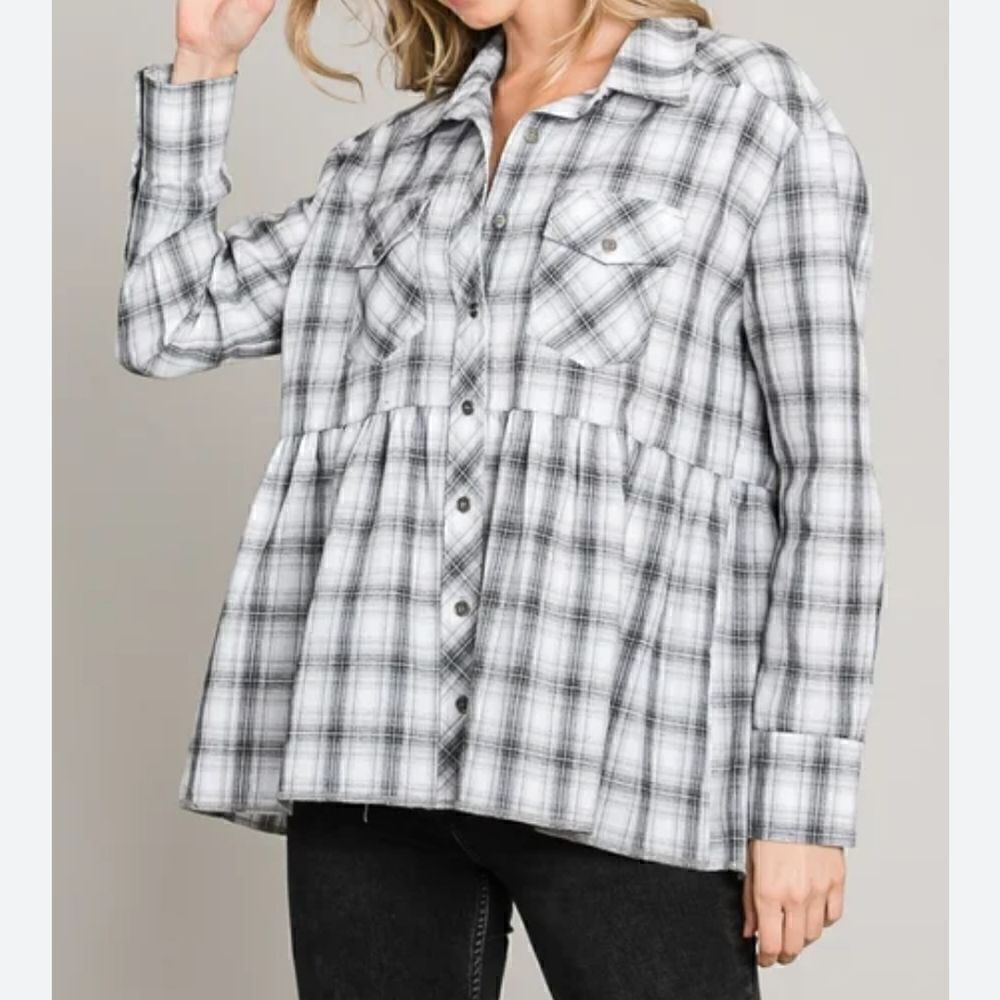 Heyson Peplum Button Down Shirt Jacket White Gray Plaid size Small
